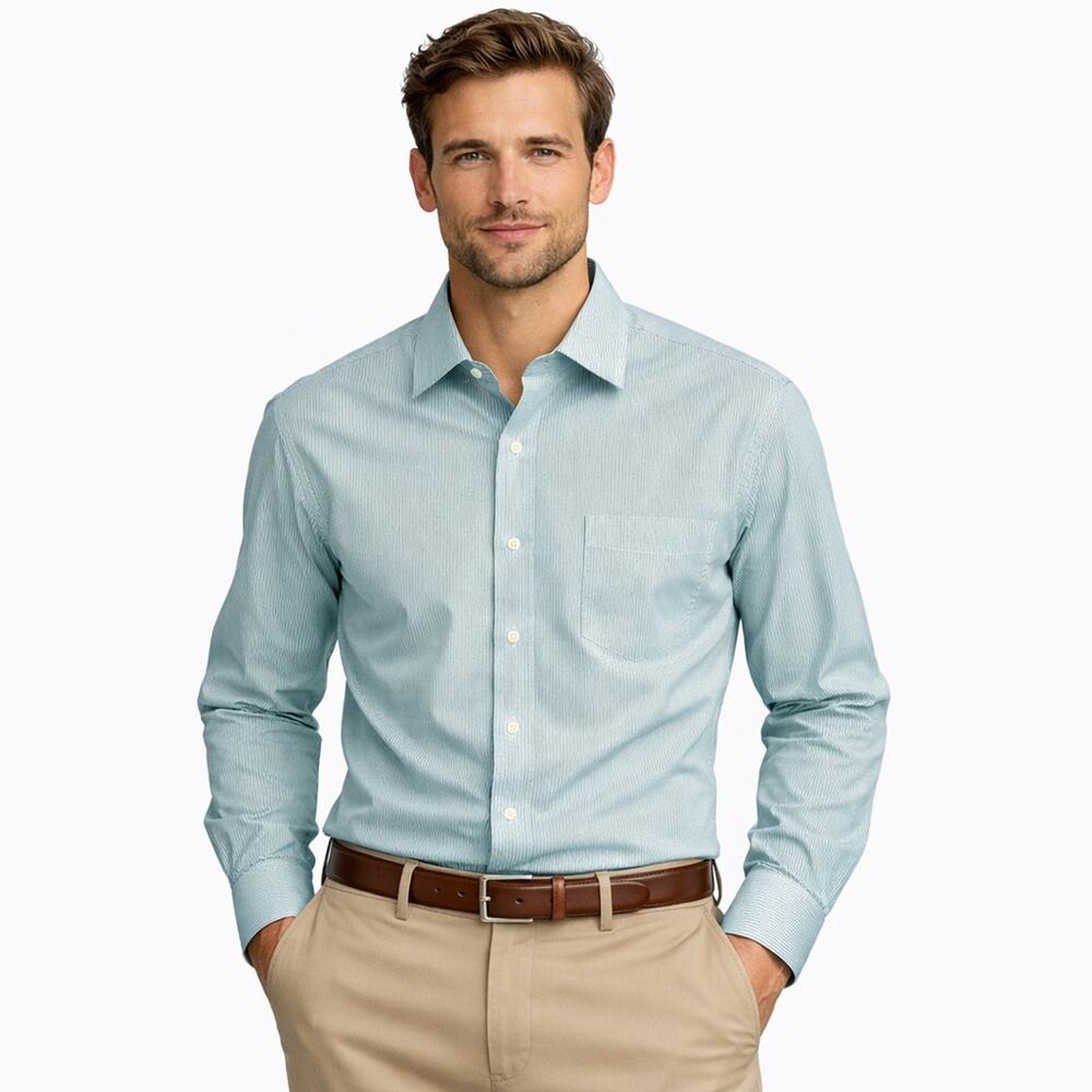 Banana Republic Mens Dress Shirt Non-Iron Classic Fit Green Stripe Neck 15 | 25
